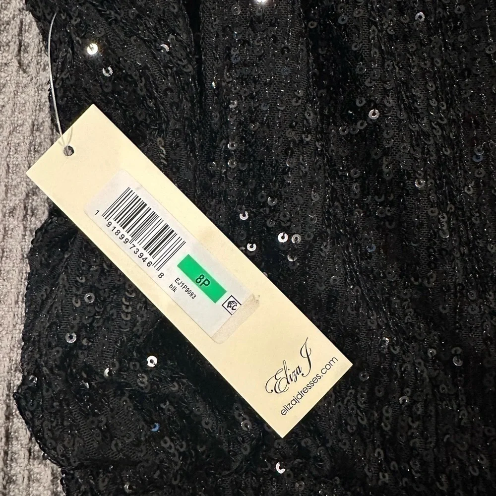 Eliza J Mock Neck Feather Hem Blouson Waist Sequin Sleeveless dress black 8P NWT - Picture 6 of 13
